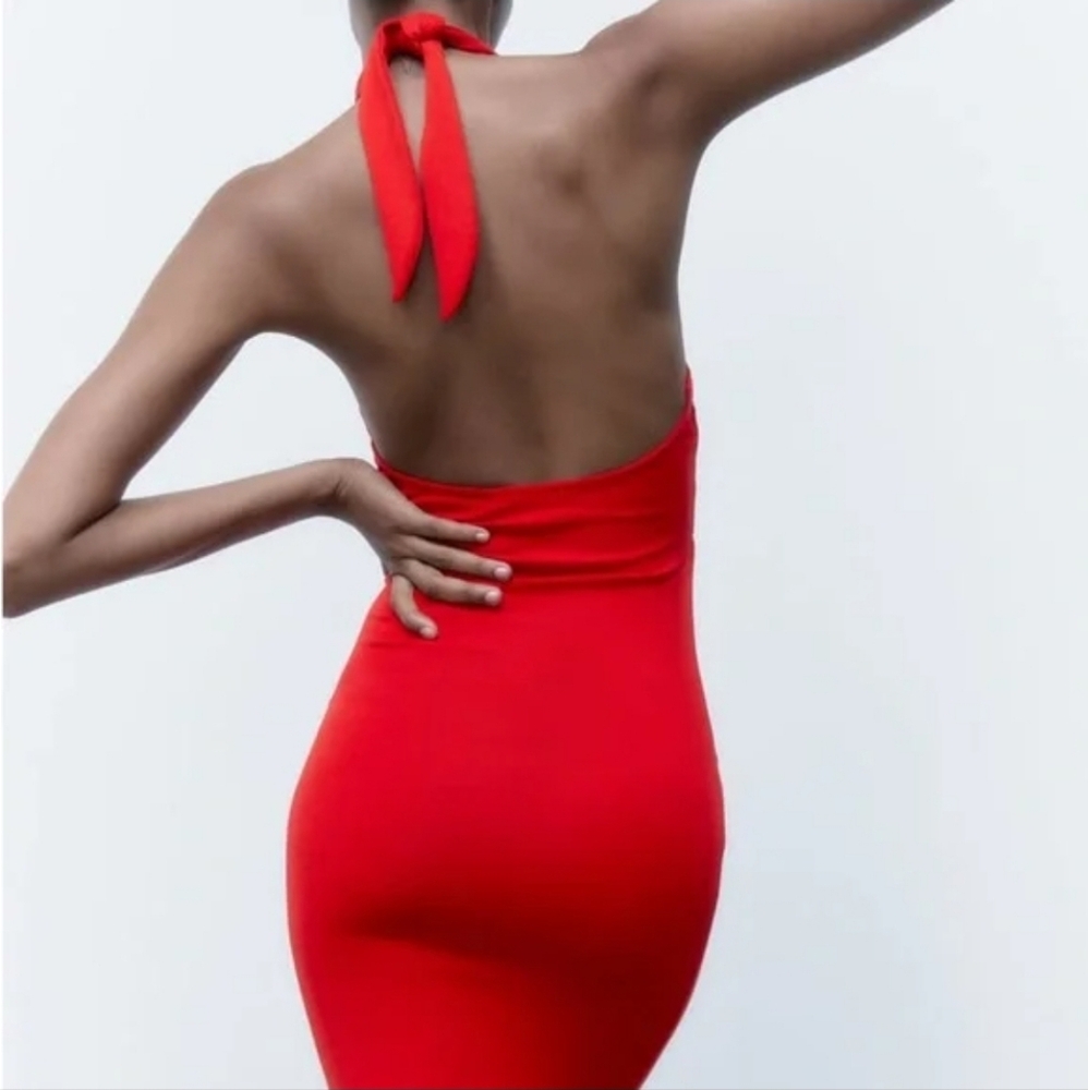 Zara Red Bodycon Halter Mini Dress L Open Back Going Out Club Party Rave - Picture 2 of 15